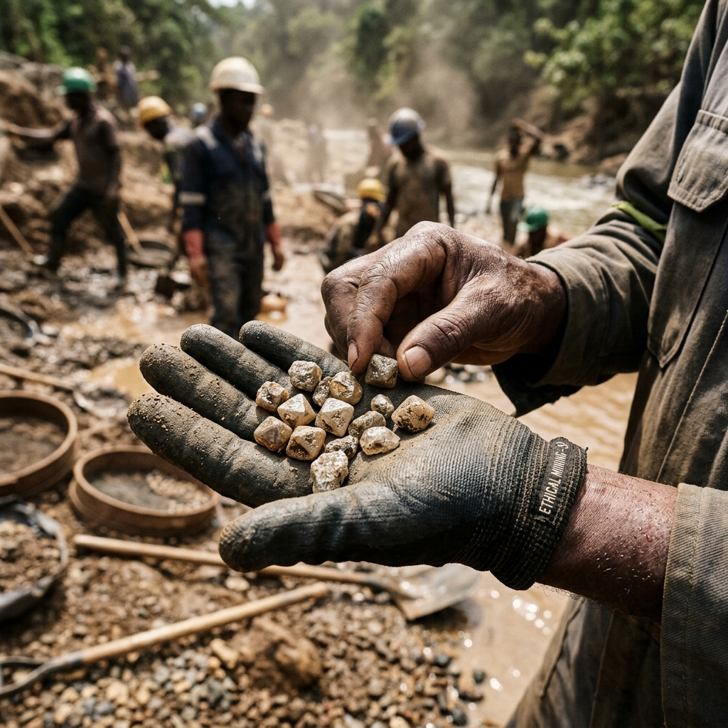 Close up of rough mined diamonds before cutting and polishing, sourced without harmful chemicals.