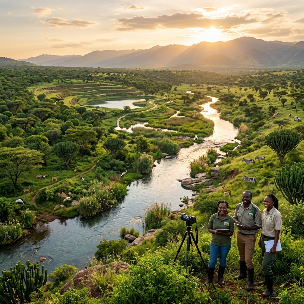 Lush green nature and wildlife restored near Ron Bensimon ethical mining operations in Africa.